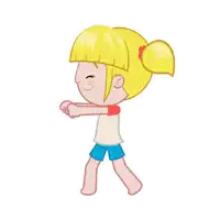 a cartoon girl with blonde hair and blue shorts is walking with her eyes closed