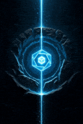 a blue light is shining through a hole in a rock