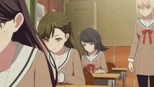 a group of anime girls are sitting at desks in a classroom and one girl has a red bow in her hair