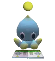 a cartoon character is sitting on a book with a yellow ball floating above it