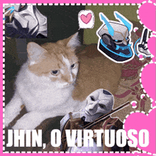 a picture of a cat and a man playing a violin with the words " jhin o virtuoso " on the bottom