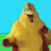 a close up of a yellow chicken with a blue sky behind it