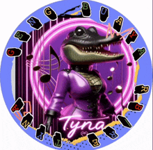 a crocodile in a purple dress is surrounded by music notes and the name tyno