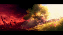 a painting of a tree in a field with a sunset in the background