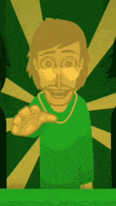 a cartoon drawing of a man wearing a green shirt