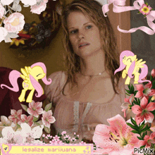 a picture of a woman surrounded by pink flowers and ponies with the words legalize marihuana at the bottom