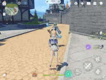 a screenshot of a video game shows a girl standing on a brick sidewalk