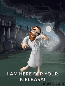 a cartoon of jesus in a robe is standing in a cemetery at night .