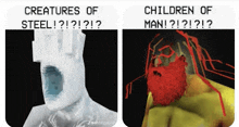a cartoon of a man with a red beard and the words creatures of steel