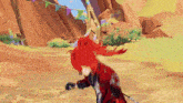 a fox with red hair is standing on its hind legs on a dirt road in a video game .