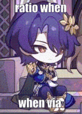 a cartoon character with purple hair is sitting on a couch with the words ratio when when via written on the bottom