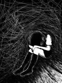 a black and white drawing of a girl sitting in a dark tunnel