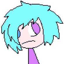 a pixel art of a girl with blue hair and purple eyes .