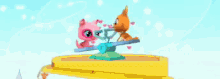 two cartoon animals are sitting on a carousel .