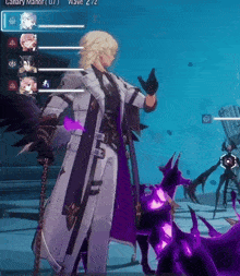 a screenshot of a video game shows a man standing next to a purple monster