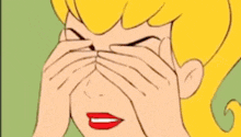a cartoon girl is covering her eyes with her hands and making a funny face .