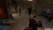 a screenshot of a video game shows a person holding a gun and a man running in the background