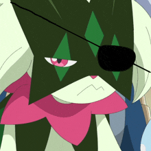 a cartoon character with a green and white mask and a black eye patch