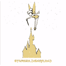 a drawing of tinkerbell flying over a castle with the words tamara.disneyland below it