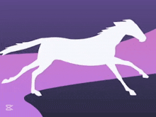 a white horse is running on a purple background with the letter m in the corner