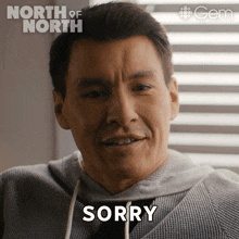 a man in a grey sweatshirt says sorry in front of a window