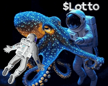 a drawing of an astronaut and an octopus with the words $ lotto in the background