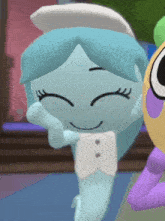 a cartoon character with blue hair and a white hat is standing next to another cartoon character