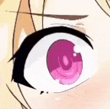 a close up of a girl 's eye with a pink pupil and black eyebrows .