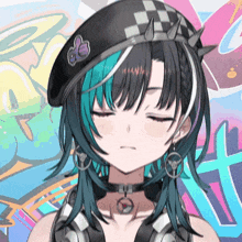 a girl with blue hair is wearing a beret and a choker