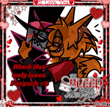 a picture of a black hat and a fox with hearts around them