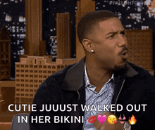 a man says " cutie juuust walked out in her bikini " on a fallon tonight show