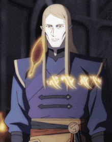 a drawing of a man with long blonde hair and a purple shirt