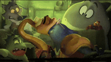 a group of cartoon characters including a shark and a snake