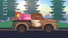 a cartoon truck is driving down a road with a bunch of objects in the back
