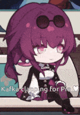 a girl with purple hair and sunglasses is sitting on a couch and says " kafka clapping for pie "