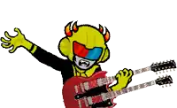a cartoon drawing of a monster holding a gibson guitar