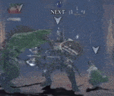 a video game screen shows a knight holding a sword and shield fighting a monster while the next button is displayed