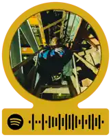 a picture of a person sitting on a ladder with a spotify code below it