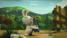 a cartoon rabbit is holding a chicken in a field