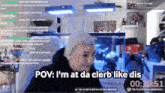 a woman sitting in front of a screen with the words pov i 'm at da clerb like dis on it