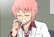 a cartoon of a girl with pink hair and the word real