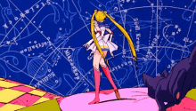a cartoon drawing of a woman standing in front of a constellation map that says ' sudi krone '