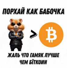 a picture of a hamster in a suit and tie next to a bitcoin sign