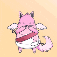 a cartoon drawing of a pink cat with wings and a heart behind it