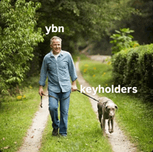 a man walking a dog on a leash with ybn keyholders written on the bottom right