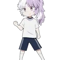 a girl with purple hair and white hair is wearing shorts and a white shirt