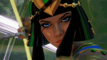 a woman with blue eyes is holding a sword