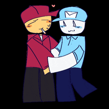 a drawing of two cartoon characters hugging each other with one wearing a blue hat with an envelope on it
