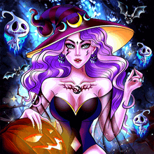 a witch with purple hair is holding a pumpkin and bats are flying around her