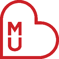 a red heart with the letter m and u on it